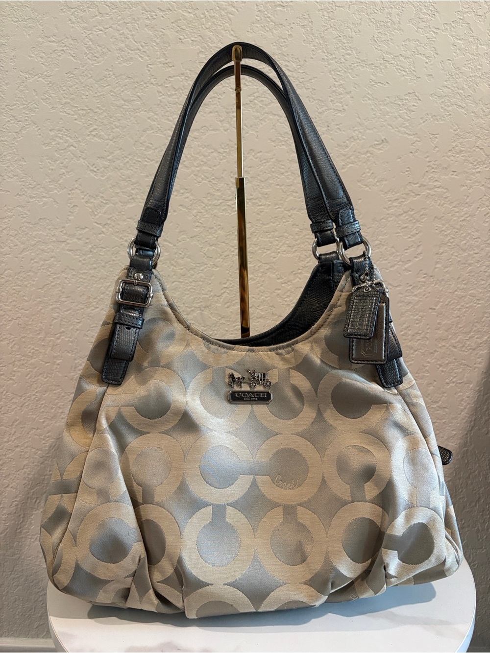 Coach Silver Signature Jacquard Shoulder Bag with Black Leather Trim